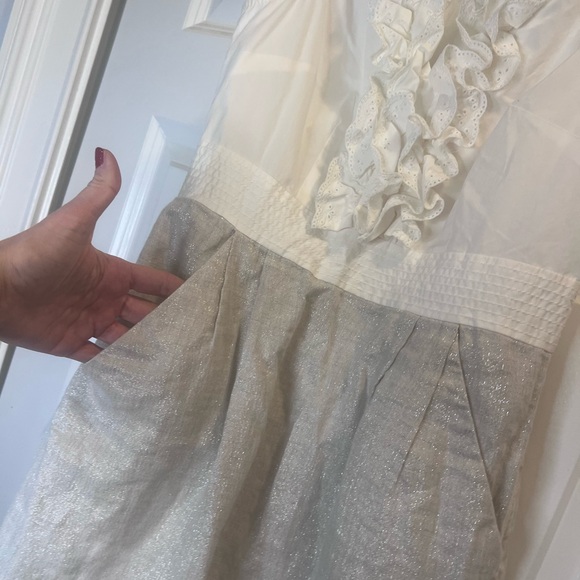 LOFT Elegant White and Tan Ruffle Mini Dress Ann Taylor - Picture 4 of 8